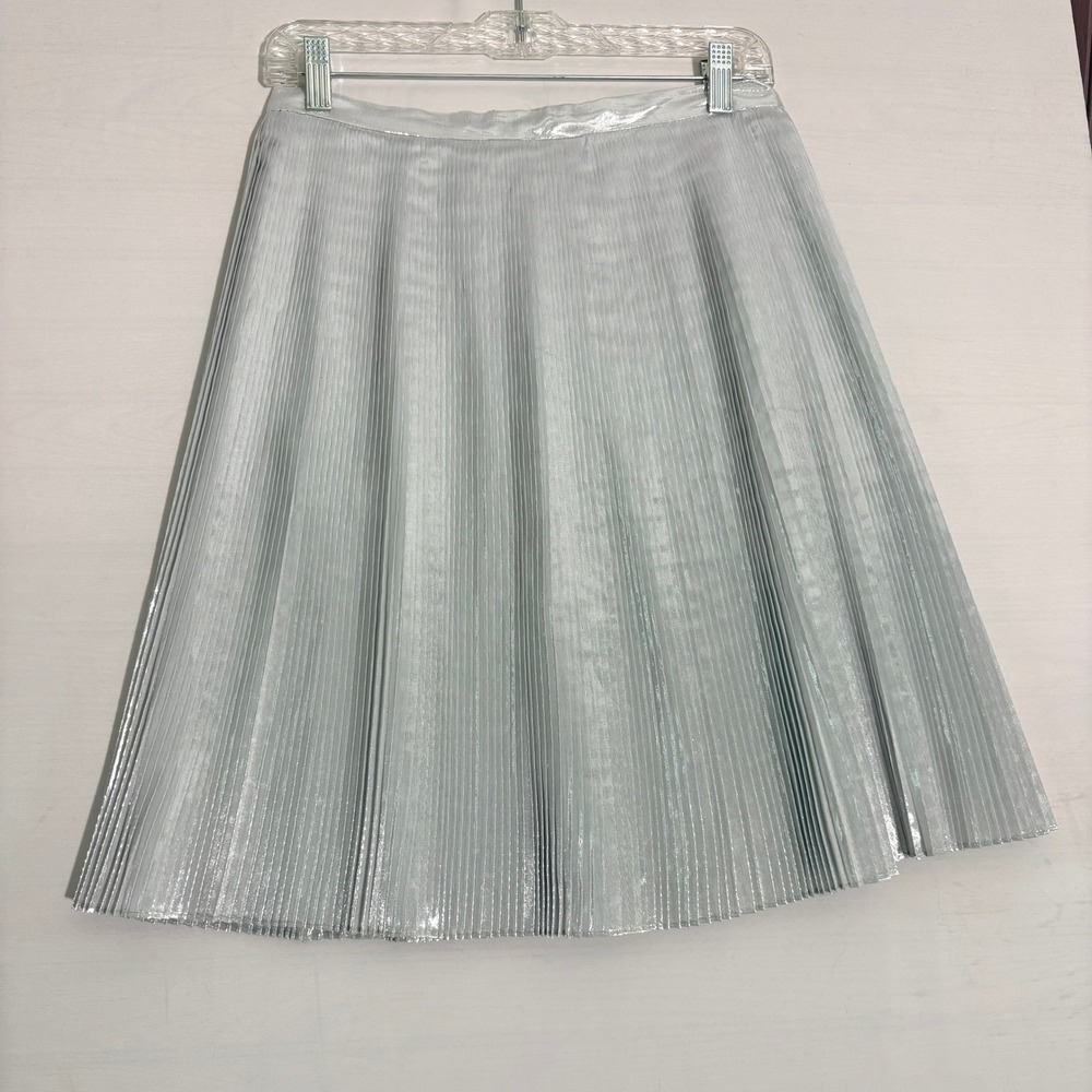 Silver Metallic Pleated Midi Skirt High Shine A-Line Party Festive Lined 28W